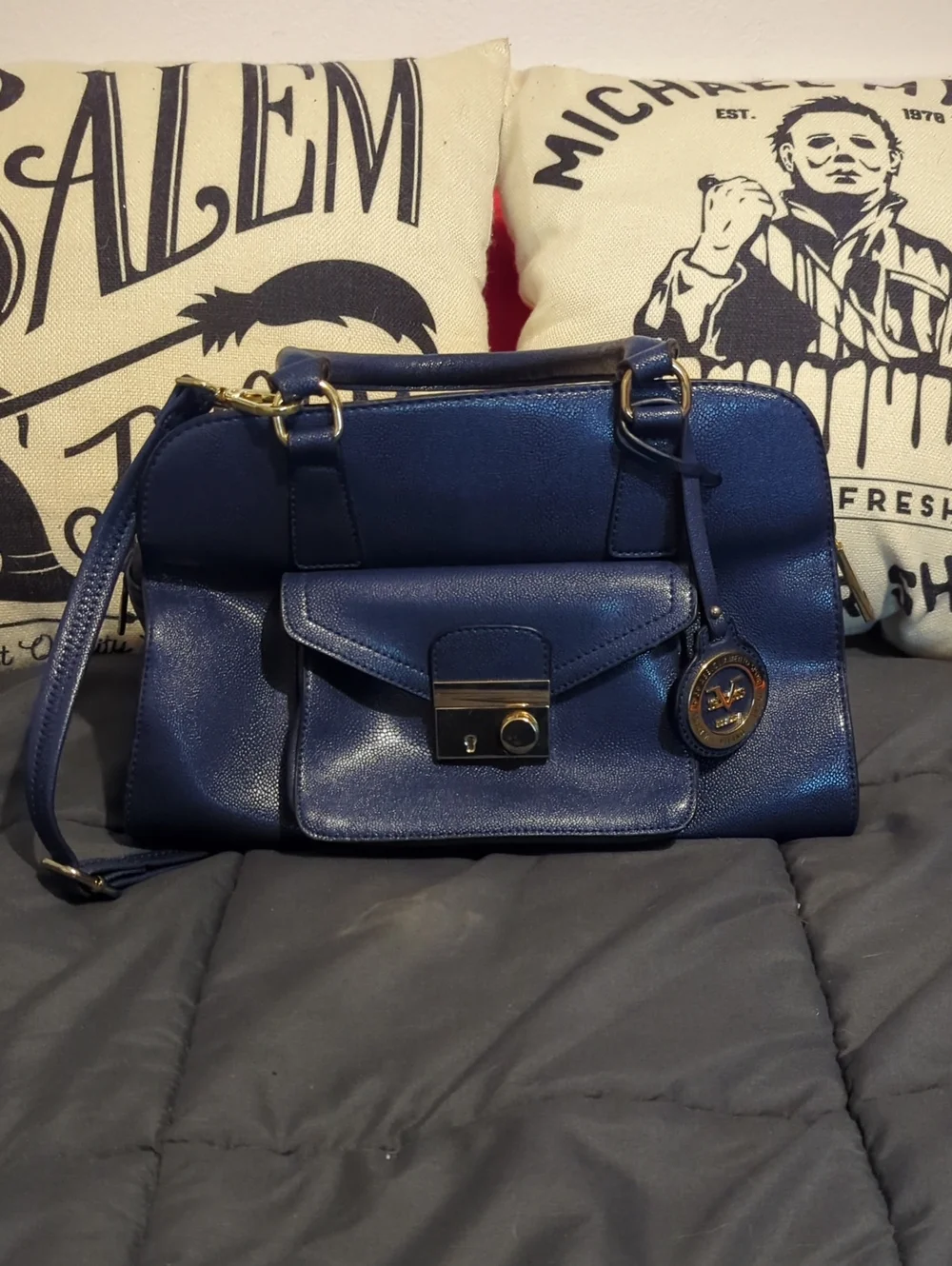 Authentic Versace Patent Leather Navy Blue Shoulder Bag - Made In Italy